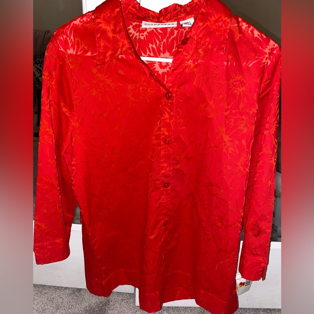 Coral Red Lace Patterned Sheer Button Down Small - Picture 3 of 8